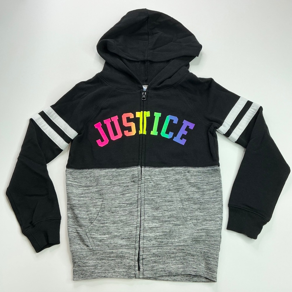 Justice Black Rainbow Logo Zip Up Hoodie Kids Size 6/7 Colorblock Varsity